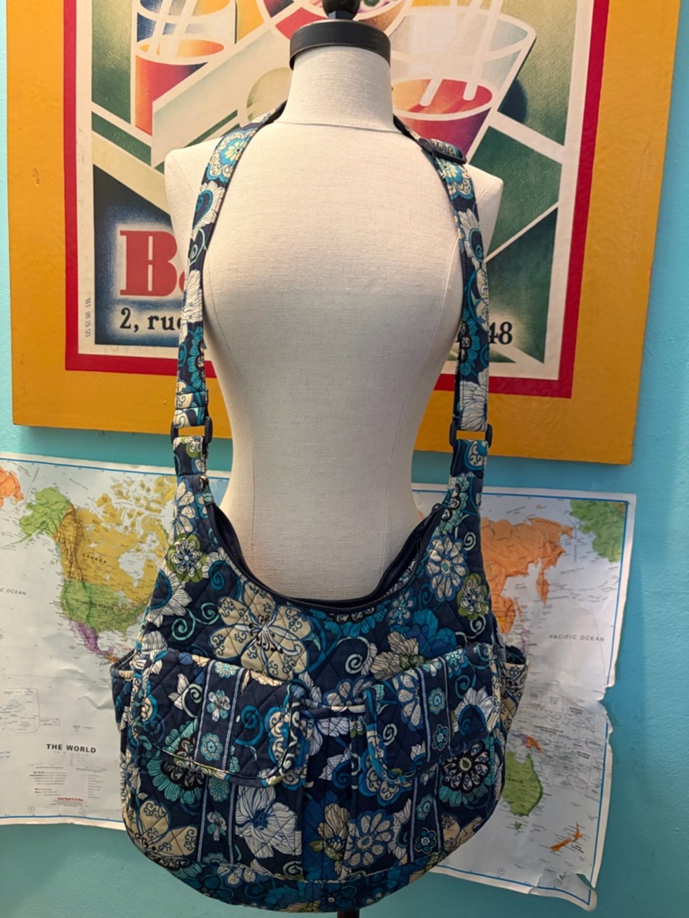 Vera Bradley Teal and Navy Floral Quilted Shoulder Bag